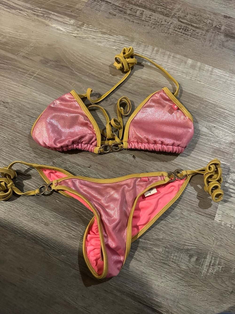 Doll Swimwear Pink Metallic Shimmer Triangle Bikini Set with Gold Trim and Ring